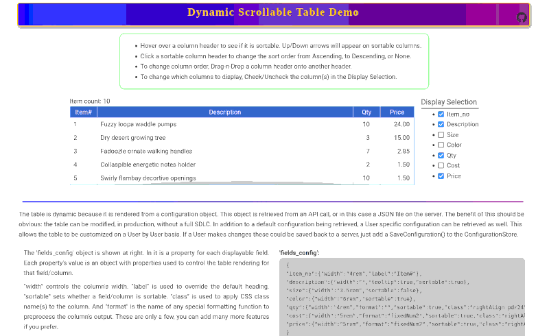 Dynamic Scrollable Table screenshot